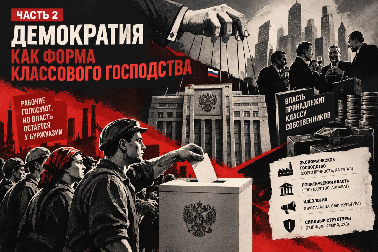 Плакат: рабочие опускают бюллетени в урны, над зданием правительства — рука-кукловод; справа элита с деньгами и перечень четырёх опор власти правящего класса