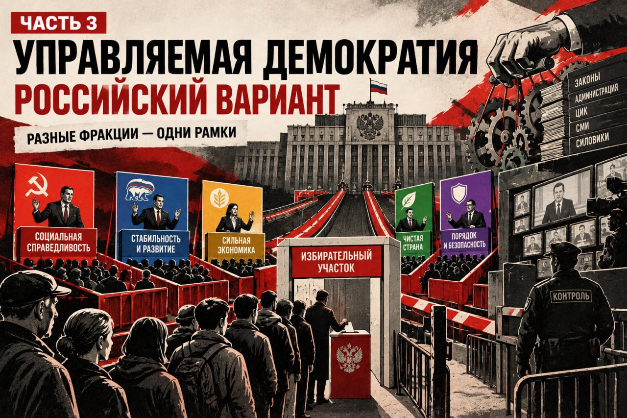 Плакат: избирательный участок с очередью к урне под зданием правительства; пять партийных баннеров с лозунгами; справа гигантская рука управляет шестернями с надписями «Законы», «Администрация», «ЦИК», «Медиа», «Силовики», рядом полицейский «Контроль» и стена телеэкранов