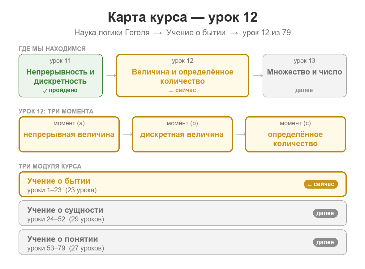 Карта курса: урок 12 из 79; пройден урок 11 о непрерывности и дискретности количества; сейчас изучаются непрерывная величина, дискретная величина и определённое количество; далее — продолжение движения количества