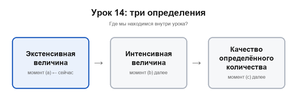 Карта раздела урока 14: сейчас рассматривается экстенсивная величина; далее — интенсивная величина, затем качество определённого количества
